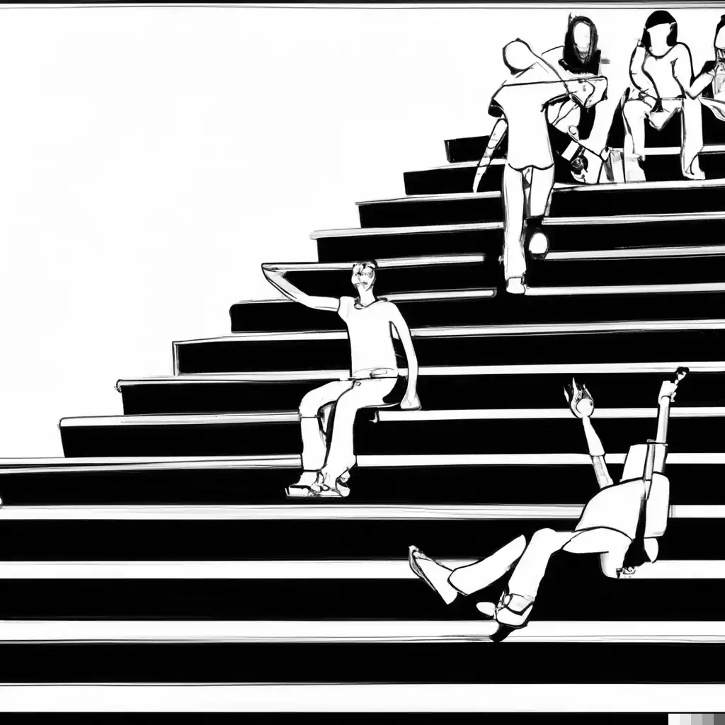 Menschen auf Treppenstufen, die Ideen austauschen im Comic-Stil, Farbe: schwarz weiß. Content erstellt mit ChatGPT - Bruder Dall-E